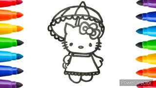 How to draw Hello Kitty holding an umbrella - Drawing and coloring for kids & toddlers ||