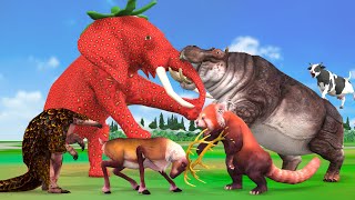 Strawberry Elephant Vs Hippo Save Giant Panda and Pangolin from Deer Fight @AnimalRevoltBattleTv