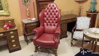 Antique Pair Crimson Leather Chippendale Throne Armchairs