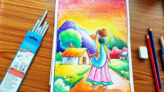 Indian village scenery drawing tutorial step by step.