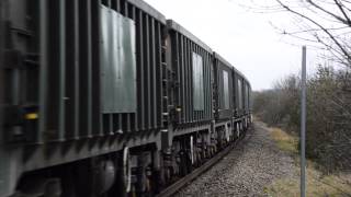 66715 races past Tamworth High level with open boxes bound for Hexthorpe sidings on the 22.12.14