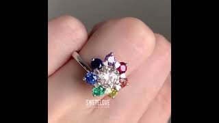 Swetelove Handmade Flower Shape Multicolor Round Cut Sterling Silver Engagement Ring