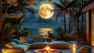 Peaceful Night Beach ASMR 🌛 Tropical Night Serenity Soothing Waves & Crackling Fire For Deep Sleep