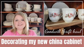 Decorating my antique china cabinet | Goodwill thrift haul | Thrifted furniture Spring kitchen decor