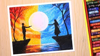 Oil pastel drawing for beginners | Love and Separation  Scenery drawing