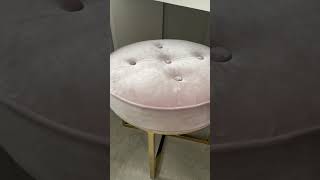 Pink Velvet Stool With Shiny Gold Cross Frame Legs And Tufted Buttons