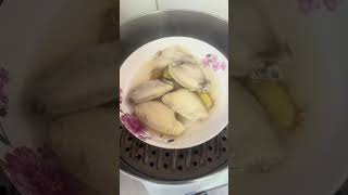 steamed fish and chicken wing,  rice and cucumber