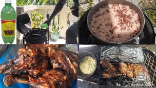 jerk chicken, slowly cook on the grill with Jamaican roast fish with ginger beer sauce yard manstyle