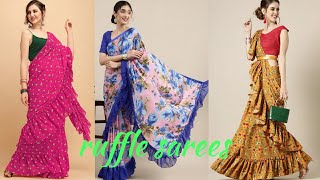 💖embroidery fashion ruffle sarees collection💖party wear lycra blend ruffle sarees designs online 267