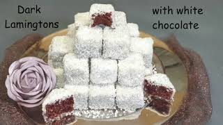 Dark Lamingtons with white chocolate