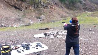 Birthday Babe shooting the big Boomstick - Taurus PT1911