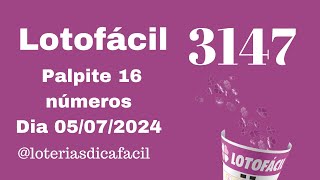 1 Palpite Lotofácil com 16 números Lotofácil concurso 3147 Dia 05/07/2024 #loteriasdicafacil 🔥