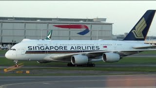 Singapore Airlines (SIA) A380 9V-SKY taxiing after landing at LHR on runway 27L.