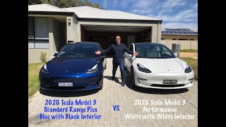 2020 Model 3 Blue on Black Standard Range Plus vs White on White Performance Car Colour Comparison