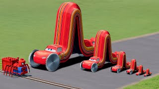 Big & Small Long Lightning Mcqueen with Saw wheels vs Trains | BeamNG.Drive