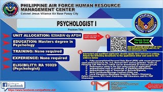 PAF #7.Hiring.Psychologist 1 @ 520ABW dy AFGH (Unit Location) Phil Air Force Human Resrce Mgnt Cnter