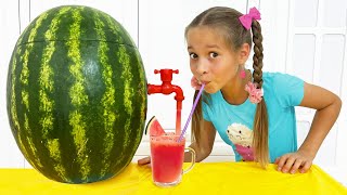 Sofia and Max make watermelon juice and harvests watermelons on the farm