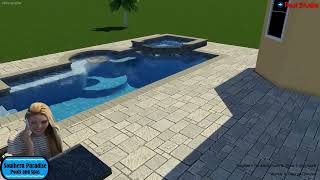 Modern Pool & Spa With Travertine Coping, Paver Deck, Panorama Screen