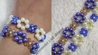 how to make flower beaded bracelet with pearl beads|اسورة شكل ورد بخرز اللولي والكريستال