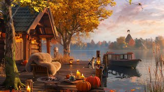 🍁 Autumn Cozy Lake House Porch Ambience with Autumn Canoe , Bonfire, Crickets  and Fall Vibes