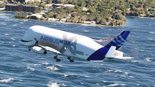 AMAZING - The large AIRBUS BELUGA plane flies low over the sea