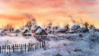 Зимняя деревня акварелью #акварель #зимаакварелью #winterwatercolor #watercolorlandscape #watercolor