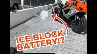 Frozen block of ice battery starts sports bike