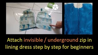 Attach invisible / underground zip in lining dress step by step beginners #HKDressCreations