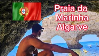 Praia da Marinha em Portugal paraiso. Viajando toda a Europa de Doblò motohome