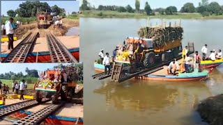 HINDUSTAN Tractor sugarcane loaded trolley on boat ⛵ in Krishna River #trending