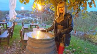 4k Granate styling, walking in public, dinner in traditional Styrian Buschenschank, thigh high boots