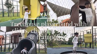 My son had a blast at this super fun Treehouse playground with slides,climbing structures&trampoline