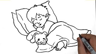 Drawing Little Sleeping Boy And Puppy.