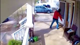 Dog sees delivery guy as a threat jumps through door