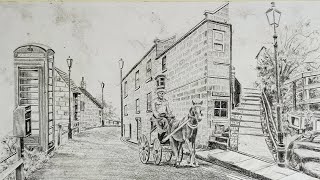 Easy City Drawing || How To Draw Easy Landscape Scene Of A City With Horse Carriage