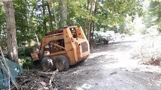 Case 1845c skid steer pushing trees into a brush pile