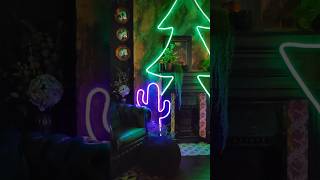 DIY bedroom makeover - gold leaf wall, alcove shelves, upholstery, DIY neon sign #ukartist