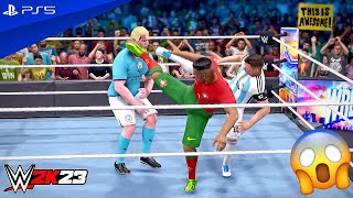 WWE 2K23 - Messi & Cristiano vs. Mbappe & Haaland - Tag Team Championship Match | PS5™ [4K60]