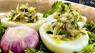 Onion Topping Deviled Eggs | Spicy Deviled Eggs Topping With Onion And Mustard Oil.