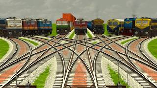 7 INDIAN TRAINS CROSSING ON BUMPY DIAMOND RAILROAD TRACKS | Train Simulator | Railroad Crossing