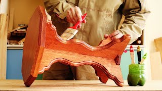 4K Нанесение морилки и лака на фигурный табурет, how to apply stain and varnish a wood chair