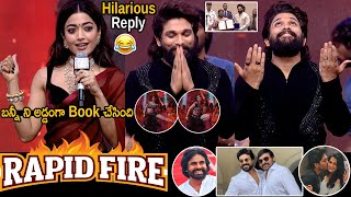 Rashmika mandanna And Allu Arjun Hilarious Rapid Fire In Trailer Launch Event | Sree Leela | FC