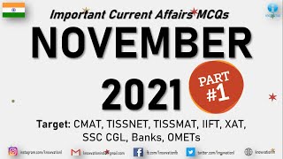 Current Affairs Questions for NOVEMBER 2021 | PART-1 | G.K MCQs | XAT, IIFT, TISSNET, CMAT, Banks