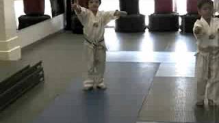 Sam testing for his white belt with a purple stripe