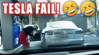 Dazed and confused blonde woman tries to fill Tesla Model S with gas at service station 😂🤣