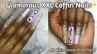 Glamorous XXL Coffin Nails! AB Rhinestone Placement! Polygel Glitter Mix! Lazy Girl Polygel Method!