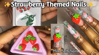 Strawberry Themed Nails! Strawberry Milk Bath Nails! Big Kawaii Nail Charms! Lazy Girl Method!