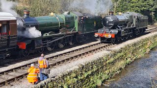 GWR steam locos dazzle alongside river in Haworth