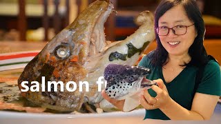 Salmon fish head recipe, fish eyeballs- American husband Ron eats eyeballs. 美国老公开始吃鱼眼，惊倒他的家人和朋友。