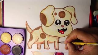 Dibujo de cachorro feliz con lápiz, acuarela, lapiceros y marcadores.